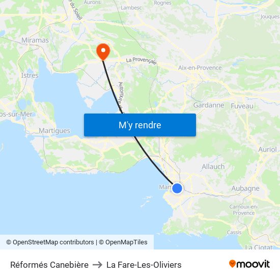 Réformés Canebière to La Fare-Les-Oliviers map