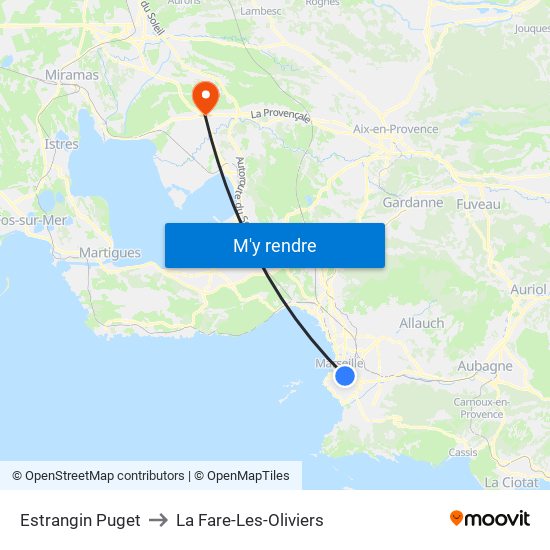 Estrangin Puget to La Fare-Les-Oliviers map