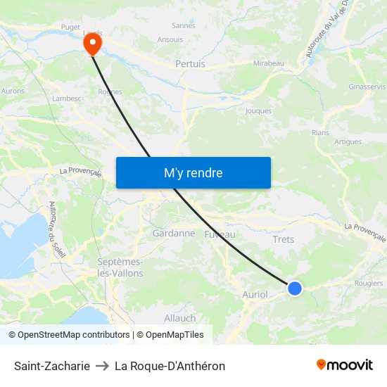 Saint-Zacharie to La Roque-D'Anthéron map