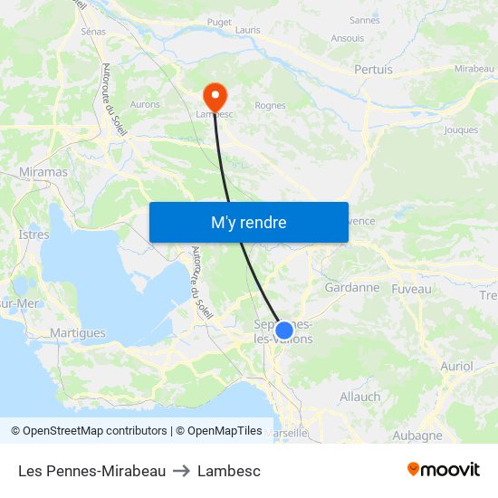 Les Pennes-Mirabeau to Lambesc map