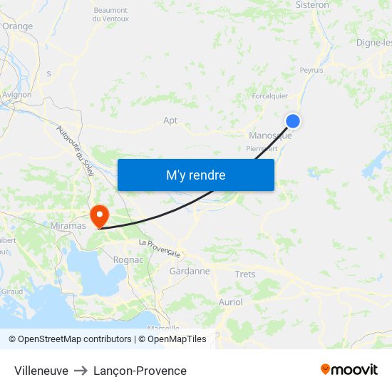 Villeneuve to Lançon-Provence map