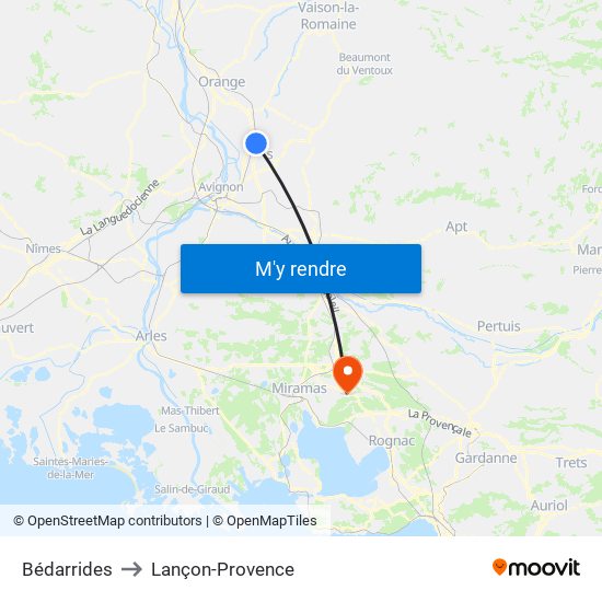 Bédarrides to Lançon-Provence map