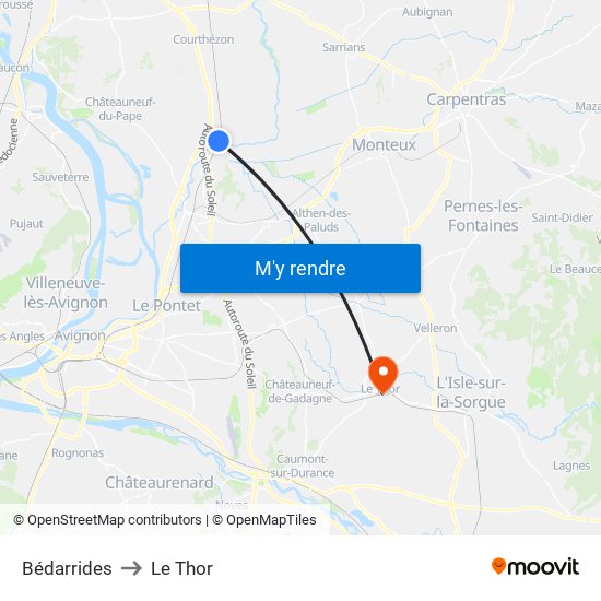 Bédarrides to Le Thor map