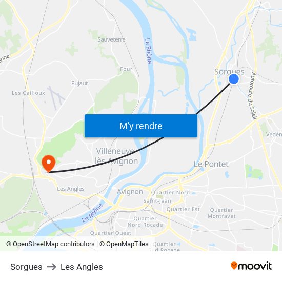 Sorgues to Les Angles map