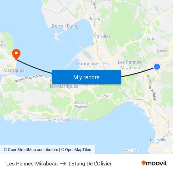 Les Pennes-Mirabeau to L'Etang De L'Olivier map