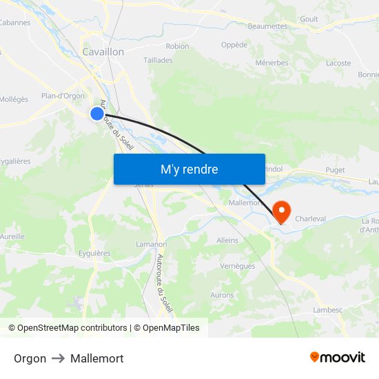 Orgon to Mallemort map
