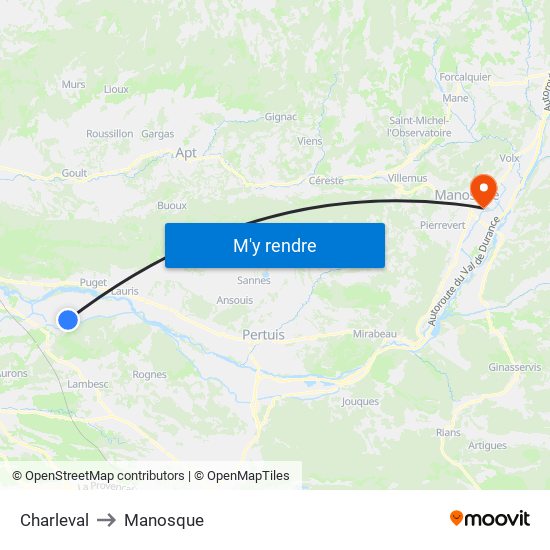 Charleval to Manosque map