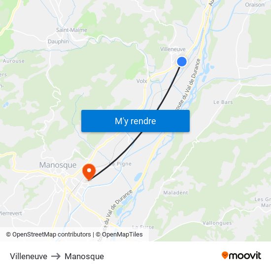 Villeneuve to Manosque map