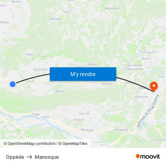 Oppède to Manosque map