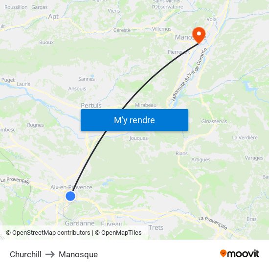 Churchill to Manosque map