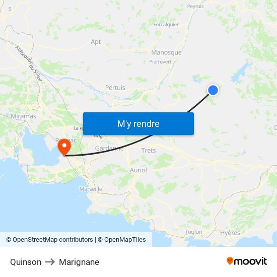 Quinson to Marignane map