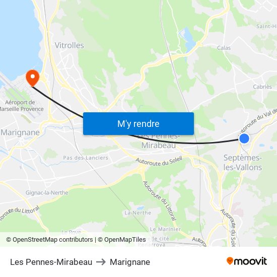 Les Pennes-Mirabeau to Marignane map
