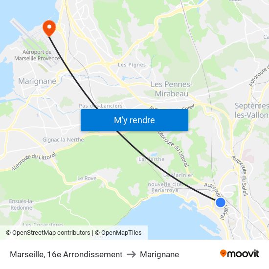 Marseille, 16e Arrondissement to Marignane map