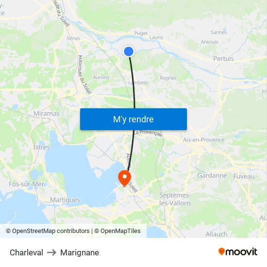 Charleval to Marignane map