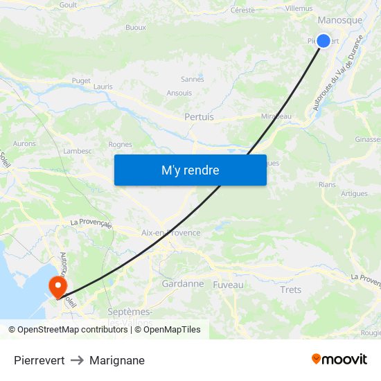 Pierrevert to Marignane map