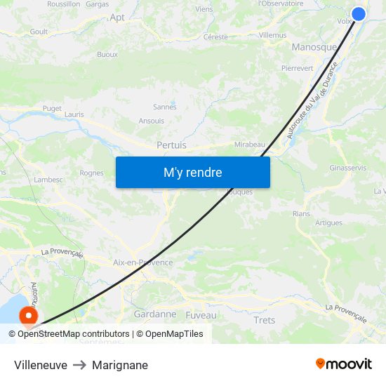 Villeneuve to Marignane map