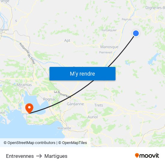 Entrevennes to Martigues map