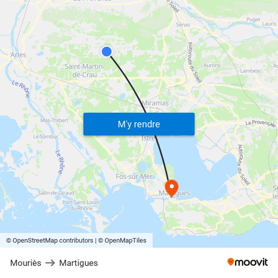 Mouriès to Martigues map
