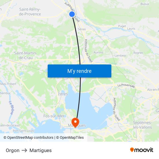 Orgon to Martigues map