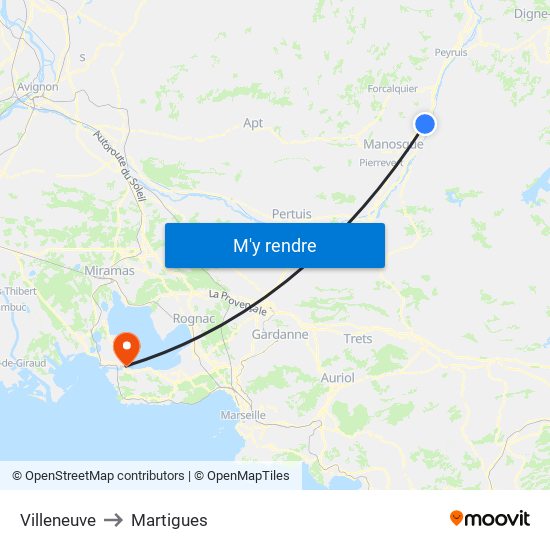 Villeneuve to Martigues map