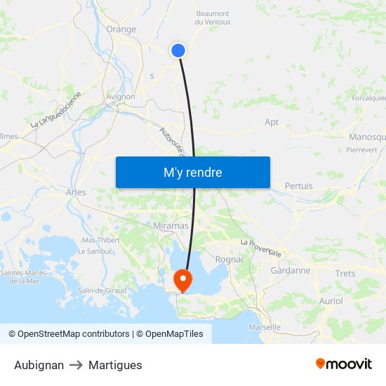 Aubignan to Martigues map