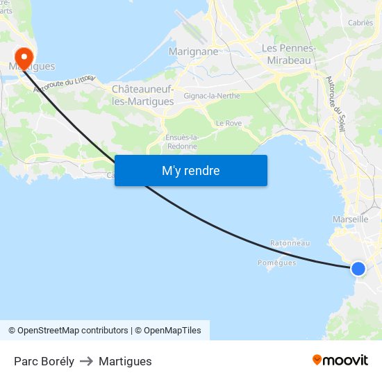 Parc Borély to Martigues map