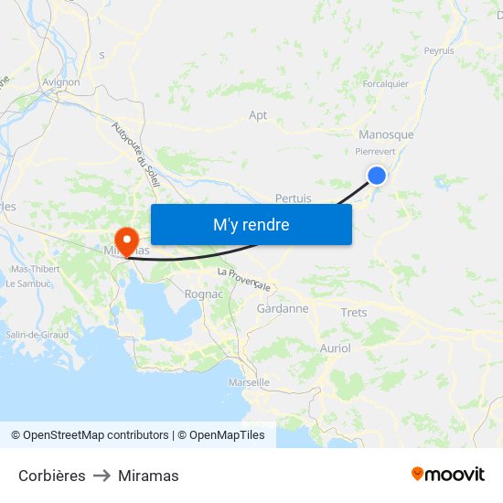 Corbières to Miramas map