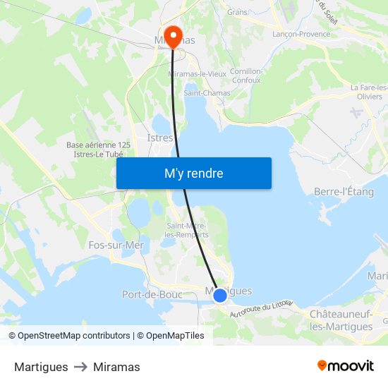 Martigues to Miramas map