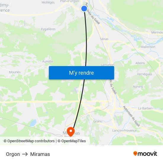 Orgon to Miramas map