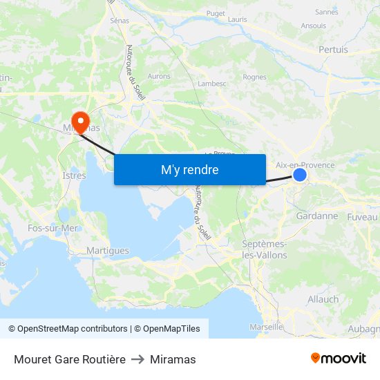 Mouret Gare Routière to Miramas map