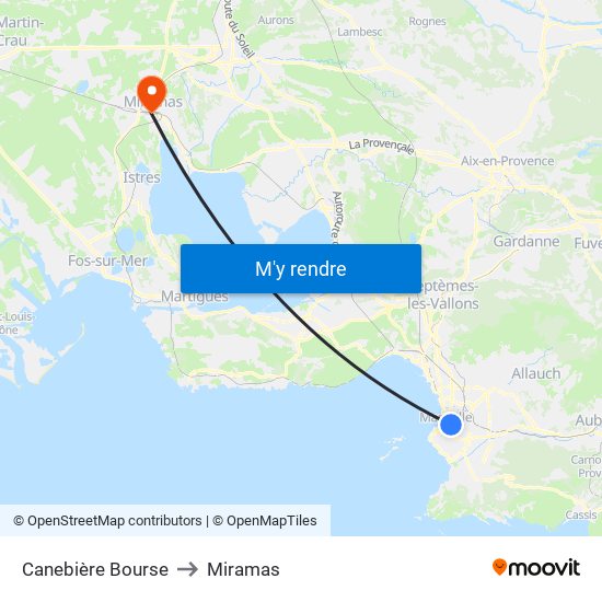 Canebière Bourse to Miramas map