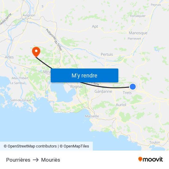 Pourrières to Mouriès map