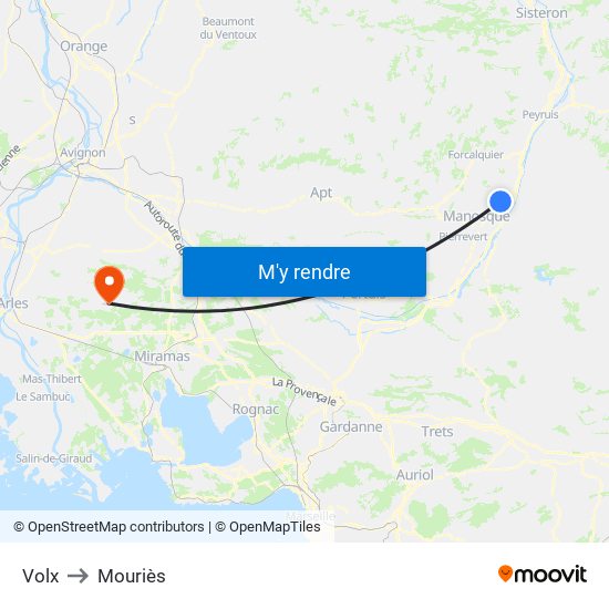 Volx to Mouriès map