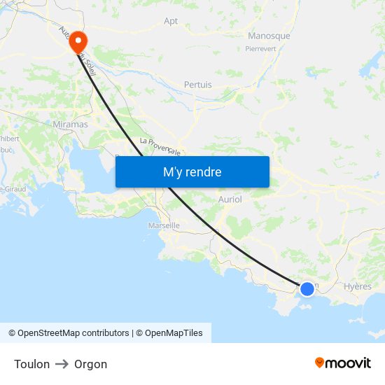 Toulon to Orgon map