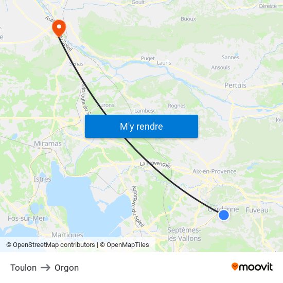 Toulon to Orgon map