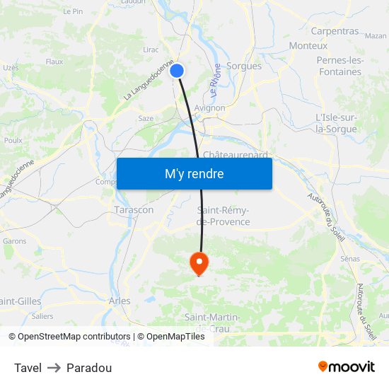 Tavel to Paradou map