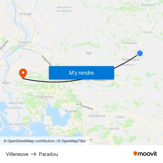 Villeneuve to Paradou map
