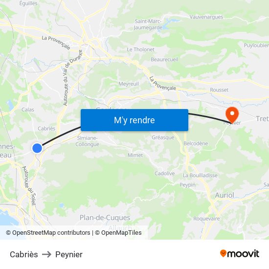Cabriès to Peynier map