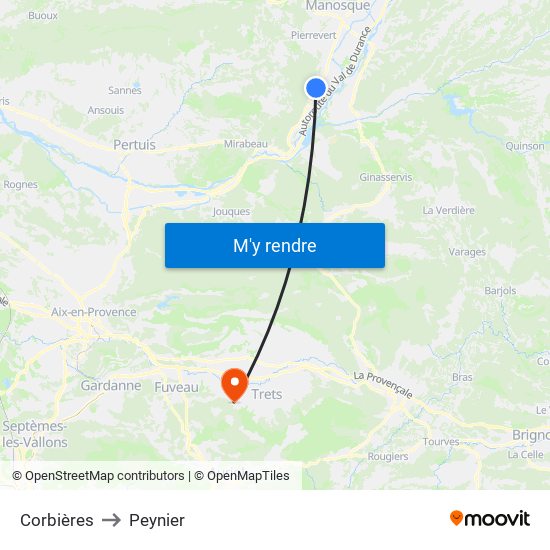 Corbières to Peynier map