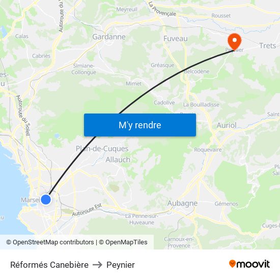 Réformés Canebière to Peynier map