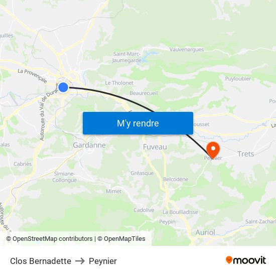 Clos Bernadette to Peynier map