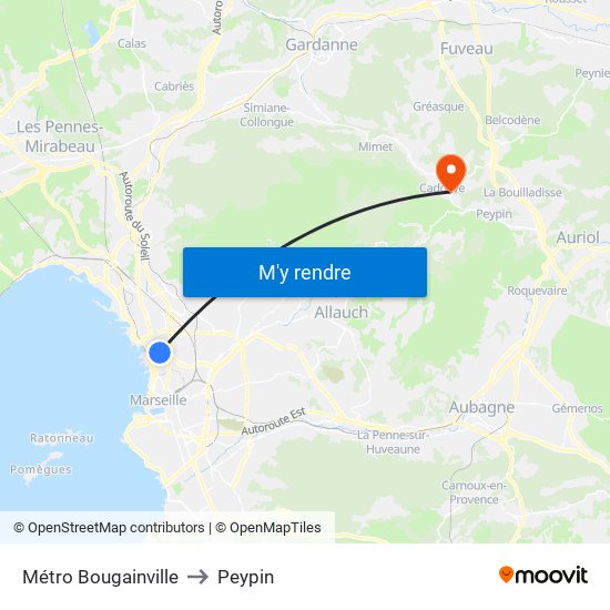 Métro Bougainville to Peypin map