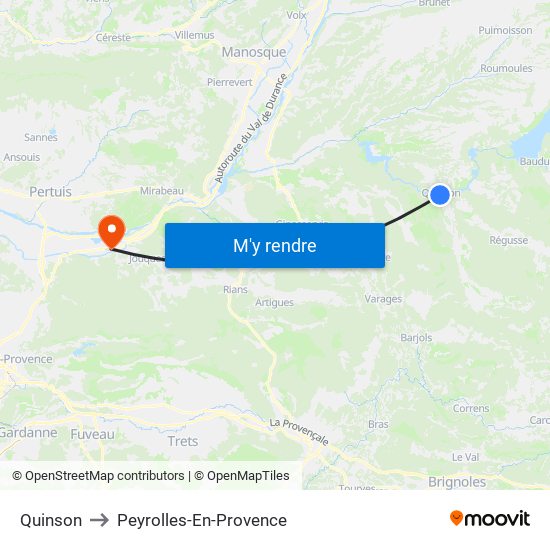 Quinson to Peyrolles-En-Provence map