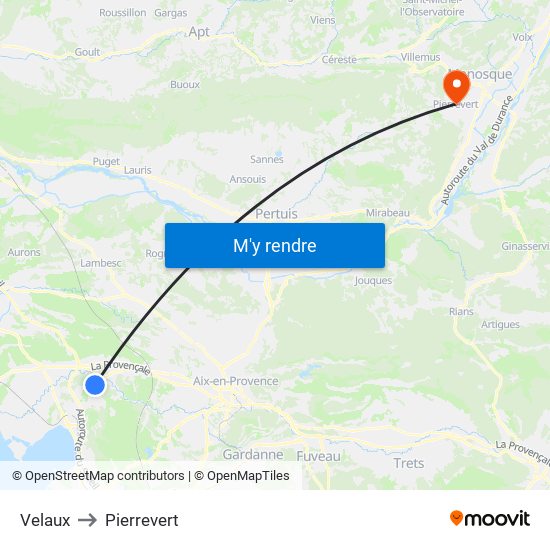 Velaux to Pierrevert map