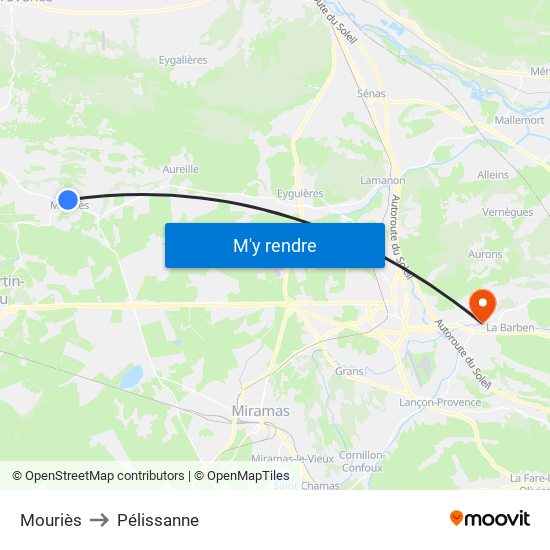 Mouriès to Pélissanne map
