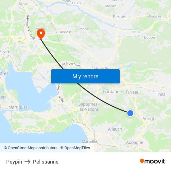 Peypin to Pélissanne map