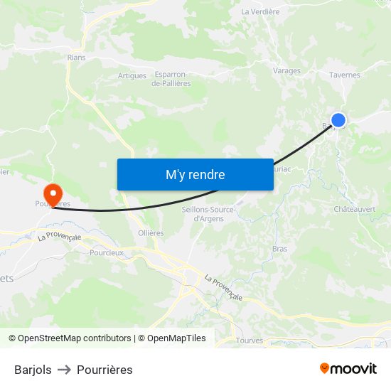 Barjols to Pourrières map