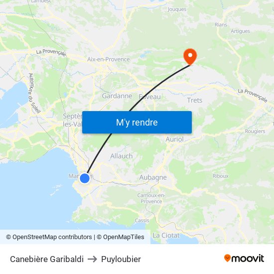 Canebière Garibaldi to Puyloubier map