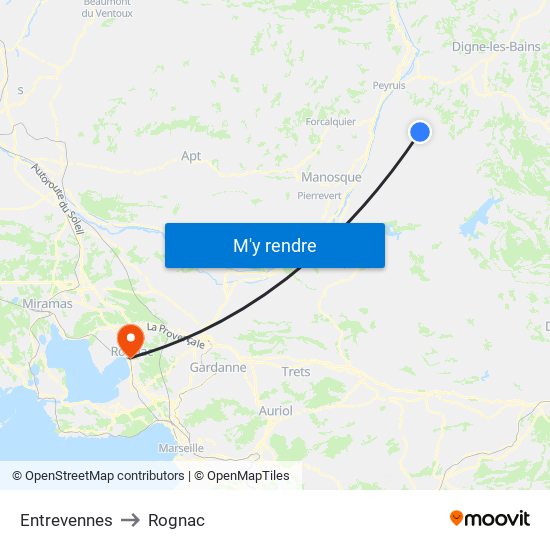 Entrevennes to Rognac map
