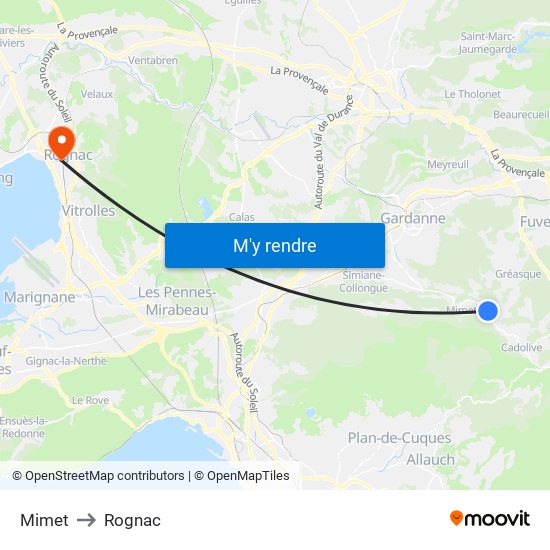 Mimet to Rognac map